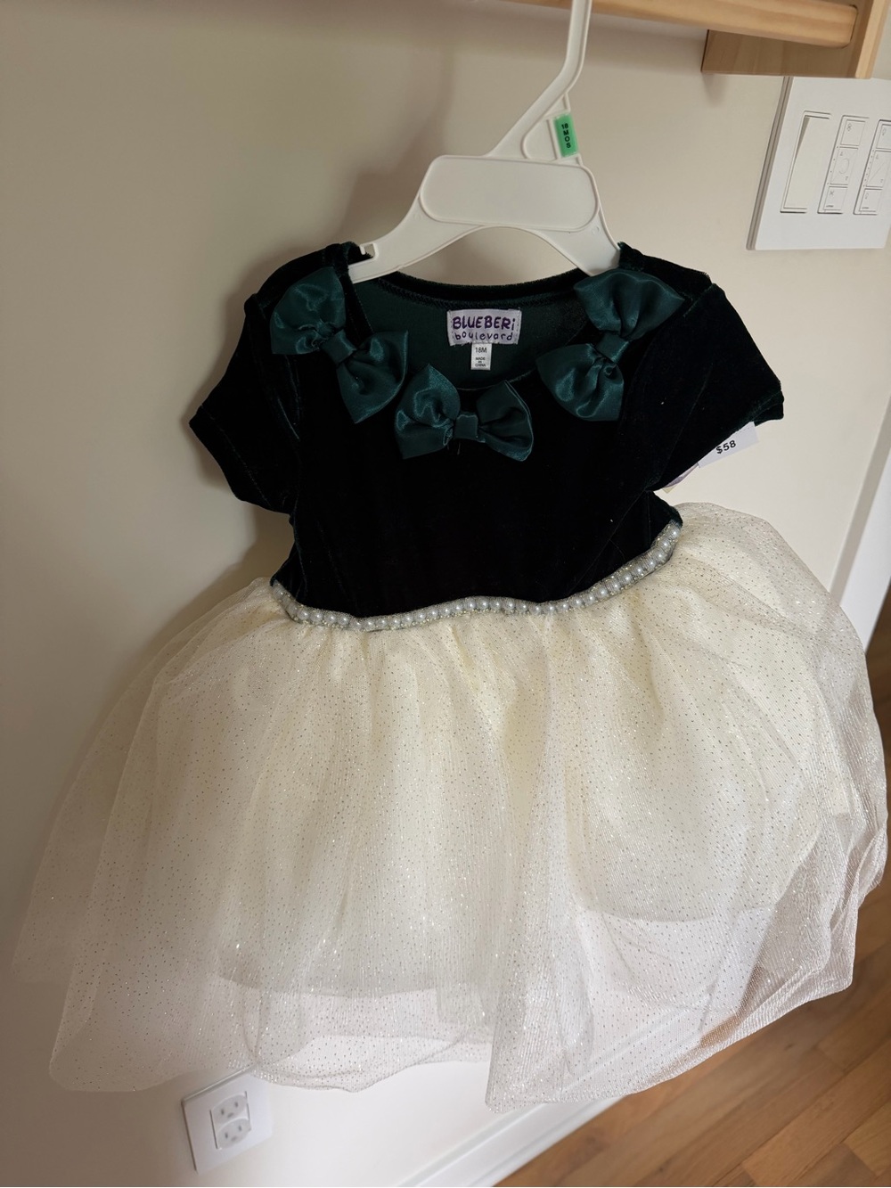 Blueberi Boulevard Black Velvet and Dark Green Bow Cream Tulle Party Dress
